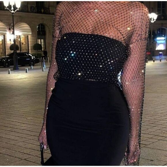 Rhinestone Flared Long Sleeve Sparkle Crop Top Glitter See Through Fishnet Cover - Picture 9 of 11
